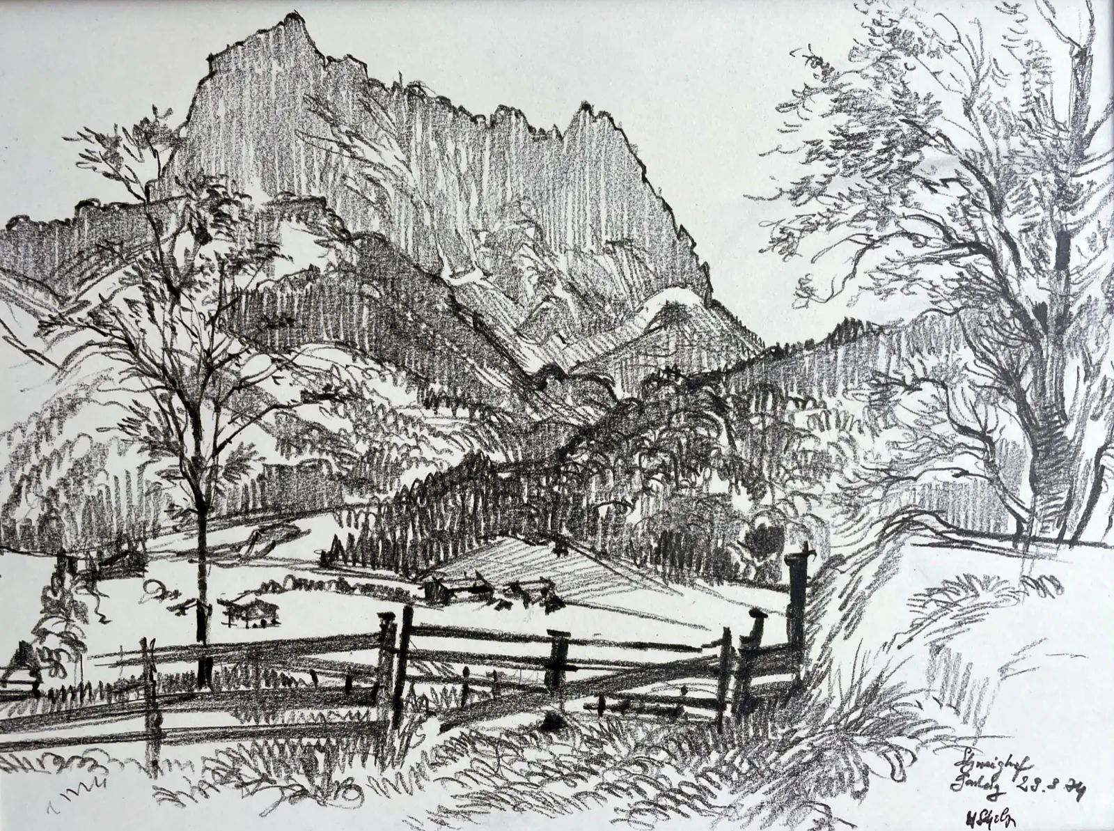 Blick vom Schwaighof in Gasteig bei Kirchdorf auf die Ostwand des Wilden Kaisers